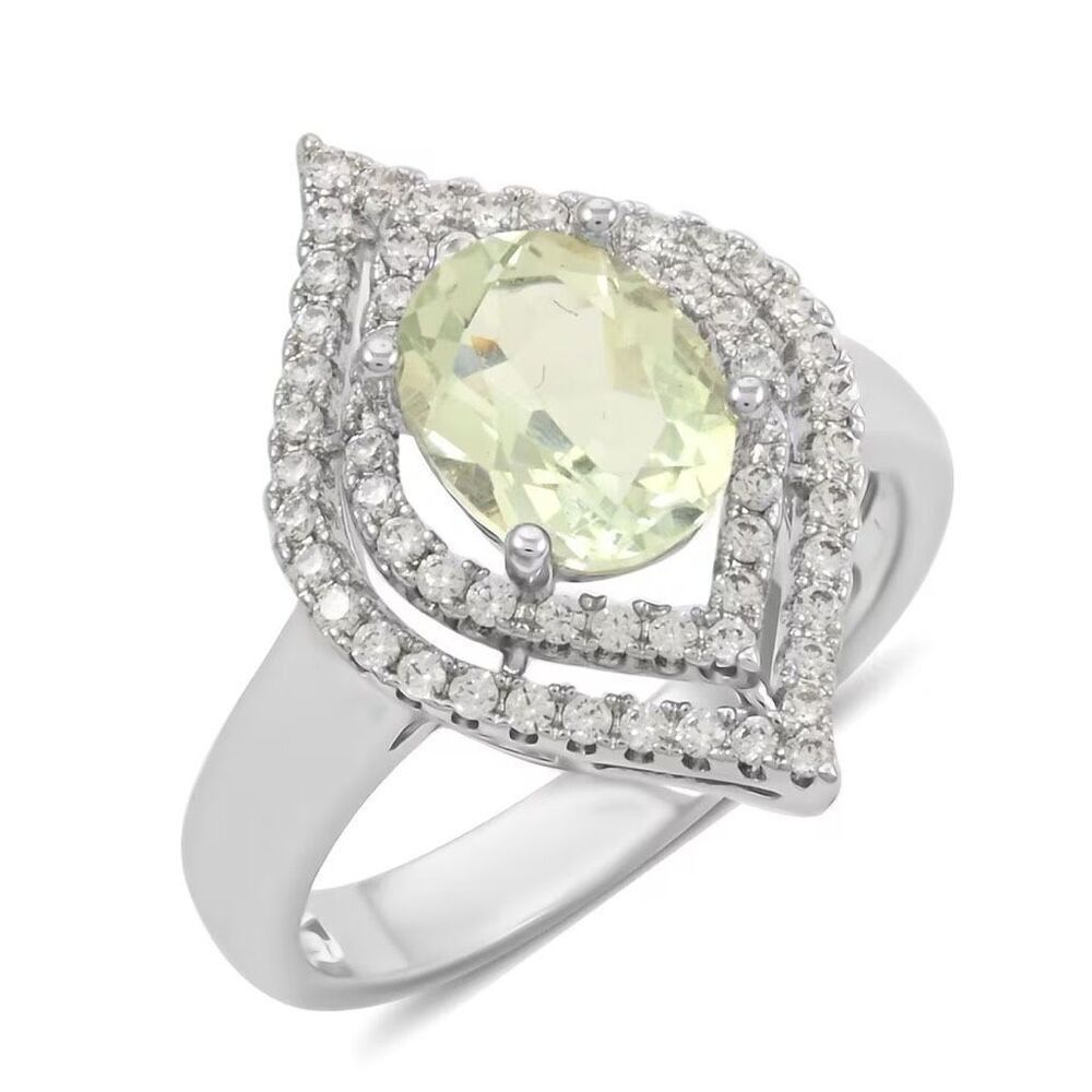 Simulated Prasiolite And Simulated Diamond 2.90 Ctw Silver Ring Size 10 New
